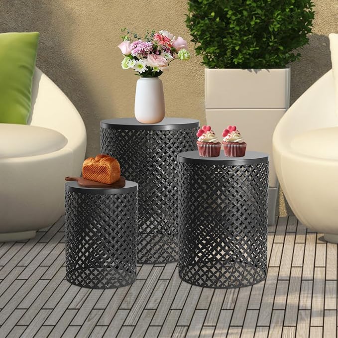 Outdoor Patio Coffee Table Set of 3, Metal Frame Accent Table, Coffee End Tables, Decorative Garden, for Gardens - Photo 4