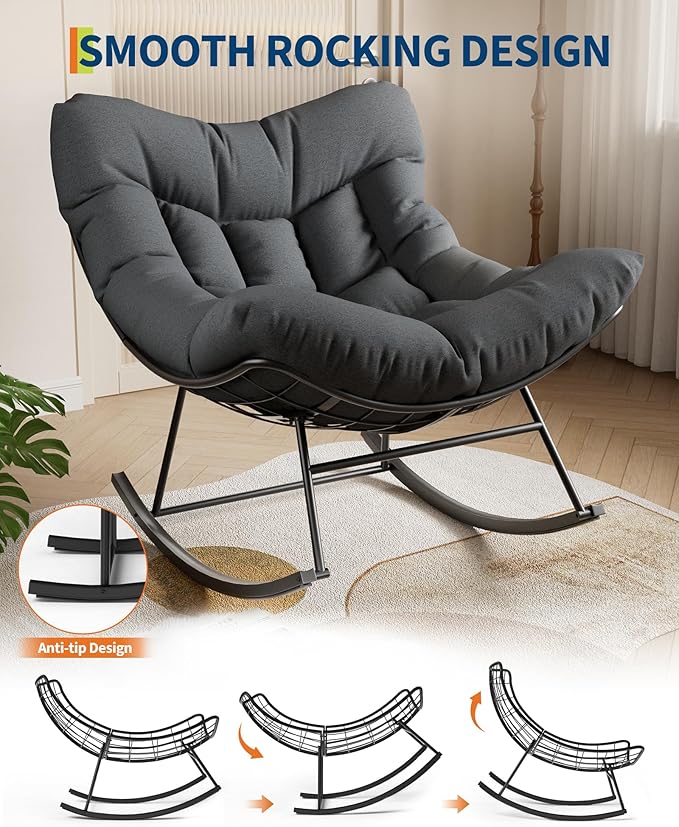 GarveeLife Outdoor Papasan Rocking Chair, Oversized Rocking Chair with Sturdy Metal Frame, Patio Rattan Egg Rocker for Balcony Backyard Porch Bedroom, Grey