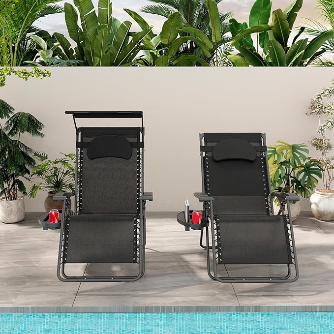 Goplus Zero Gravity Chairs, X-Large Folding Lounge Lawn Chair w/Canopy Shade & Cup Holder - Photo 2