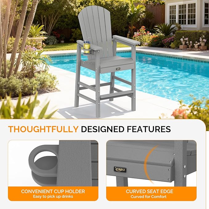 VINGLI Tall Adirondack Chair, All-Weather Plastic Adirondack Chair with Cup Holder Heavy-Duty Outdoor Barstools for - Photo 4
