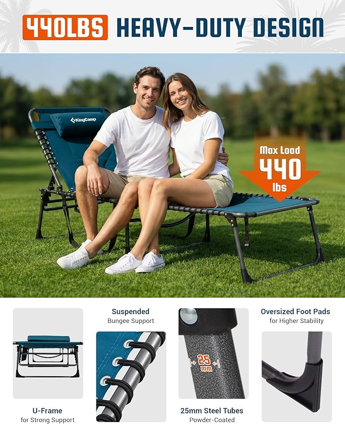 KingCamp Oversized Tanning Chair, Extra-Wide Padded Folding Chase Lounge Chairs Portable Adjustable 5-Position 440lbs Heavy Duty Lounger with Double-Layer Oxford for Outdoor Beach Patio Sun Pool Blue