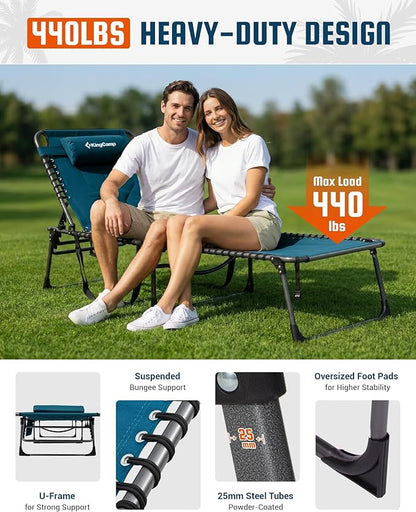 KingCamp Oversized Tanning Chair, Extra-Wide Padded Folding Chase Lounge Chairs Portable Adjustable 5-Position 440lbs Heavy Duty Lounger with Double-Layer Oxford for Outdoor Beach Patio Sun Pool Blue