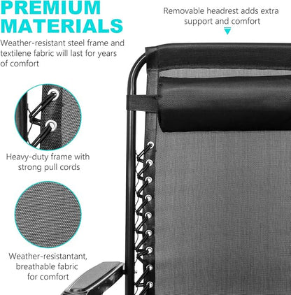 SZHLUX 1 PCS Adjustable Steel Mesh Zero Gravity Lounge Chair Recliners W/Pillows and Cup Holder Trays - Black