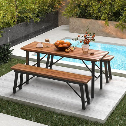 HAPPYGRILL Folding Picnic Bench Set of 2, 55” Long Rectangular Wooden Dining Camping BBQ Benches, Portable Acacia Wood Bench w/Metal Frame, Outdoor Indoor Bench Seat for Porch Garden Yard Patio Deck