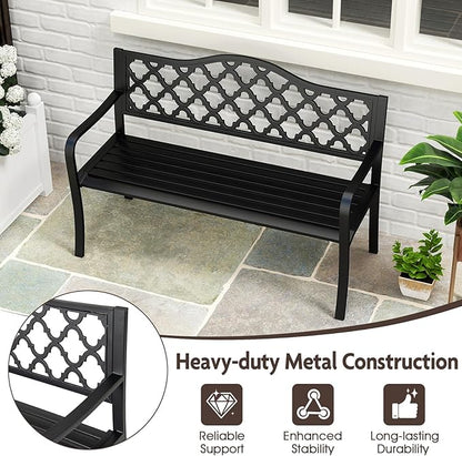Giantex Metal Outdoor Bench with Backrest, Curved Armrests, Slatted Seat for 2-3 Persons, Load 660 lbs, 47''x16'' Heavy-Duty Seating, Patio Garden Bench for Backyard, Poolside, Porch, Park, Black