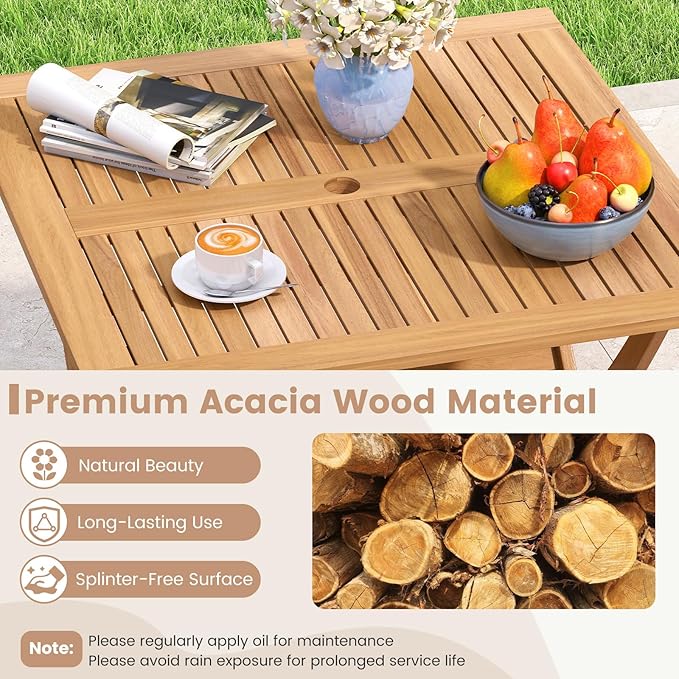 Tangkula 36" Acacia Wood Patio Dining Table, Square Folding Outdoor Bistro Table with Umbrella Hole and X-Shaped Frame - Photo 8