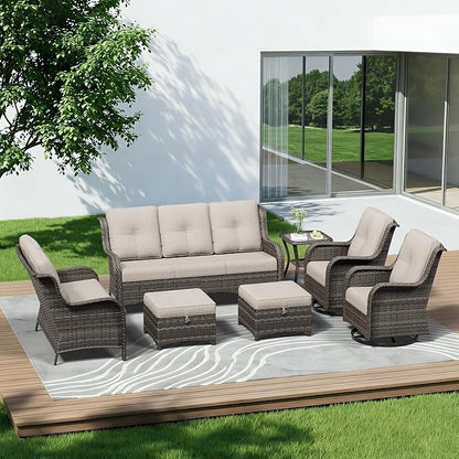 7 Piece Outdoor Wicker Patio Furniture Set, Outdoor Swivel Rocker Patio Chairs Set with Thickened Olefin Cushions, High Back and Deep Seating, Hand-Woven PE Rattan for Porch, Deck
