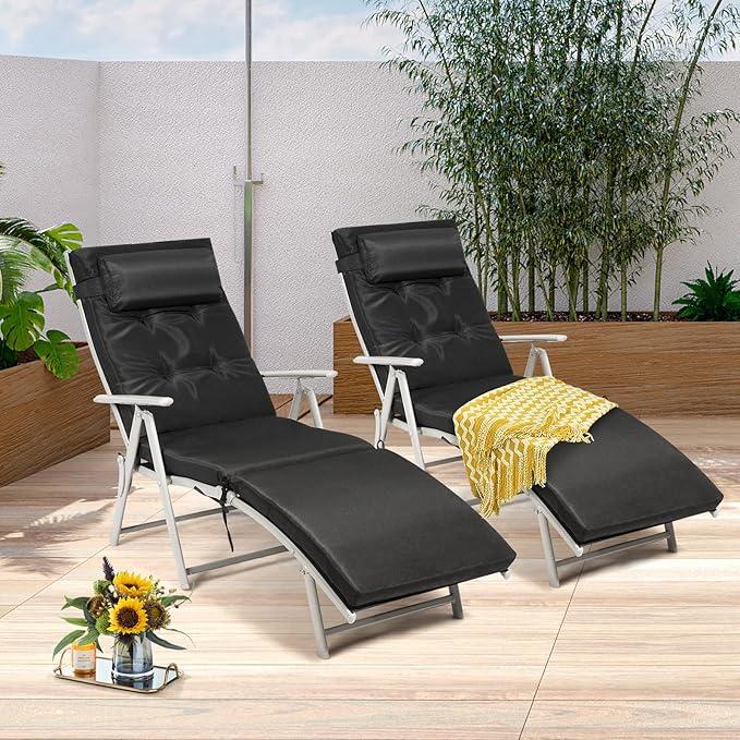 Giantex Chaise Lounge Chair for Outside, Pool Folding Reclining Beach Chair W/Removable Cushion&Headrest Pillow, Outdoor Lounge Chaise w/ 7 Backrest Positions, Portable Patio Lounger (2, Black)