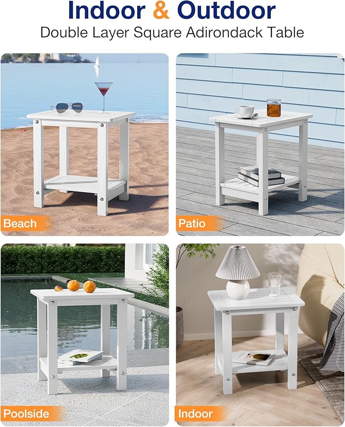 YEFU Outdoor Side Table for Patio: 16" HIPS Weather - Resistant Adirondack Tables - Waterproof Small Square End Tables for Backyard Pool Porch Balcony - Indoor Outdoor Double Layer Table White