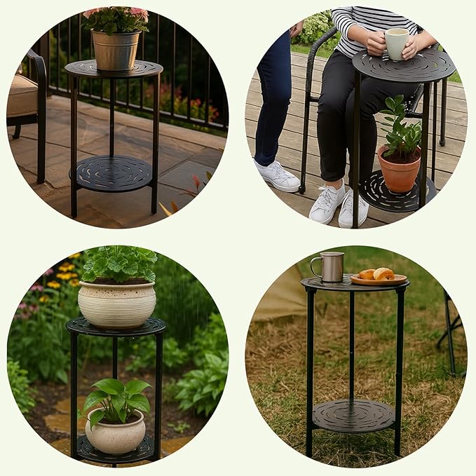 2-Tier Metal Round Side Table Black Accent Coffee Tables Small Space Corner Plant Stand Shelf for Indoor Outdoor Use - Photo 9