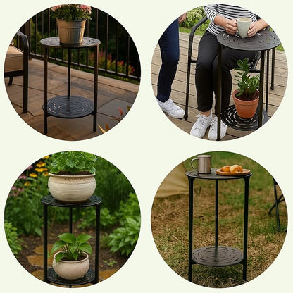 2-Tier Metal Round Side Table Black Accent Coffee Tables Small Space Corner Plant Stand Shelf for Indoor Outdoor Use Patio Balcony End Table Laser-Cut Floral Pattern Weather-Resistant