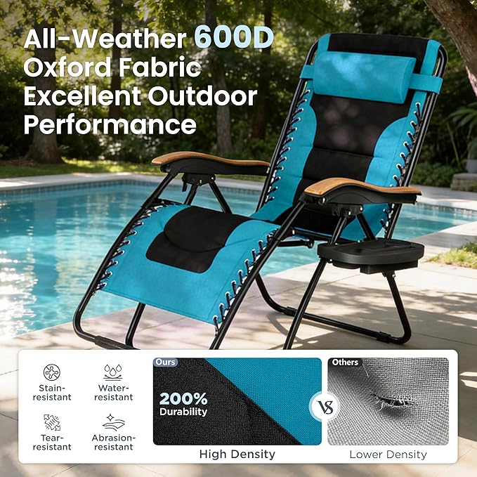 PHI VILLA XXL Oversized Padded Zero Gravity Chair Set of 2, Foldable Patio Recliner, 30" Wide Seat Anti Gravity Lounger with Armrest and Cup Holder, Support 400 LBS (Aqua Blue)