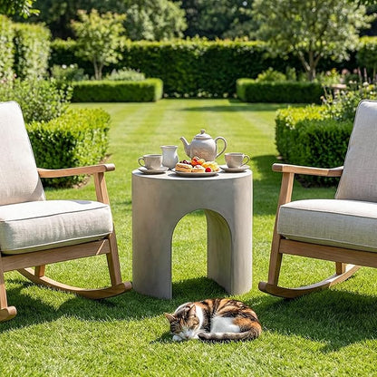 COSIEST Grey Outdoor Side Table, 15.7" Modern Concrete End Table with Arched Open for Patio, Small Round Outside Accent Table & Plant Stand for Garden, Porch, Deck, Balcony