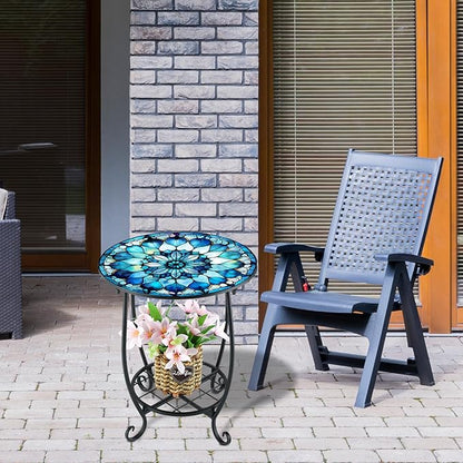 Outdoor Side Table Round Small Mosaic Patio Accent Indoor End Plant Coffee Tea Table for Yard Patio Porch Garden Living Room, Bedroom(Mandala Style2,18 Inch)