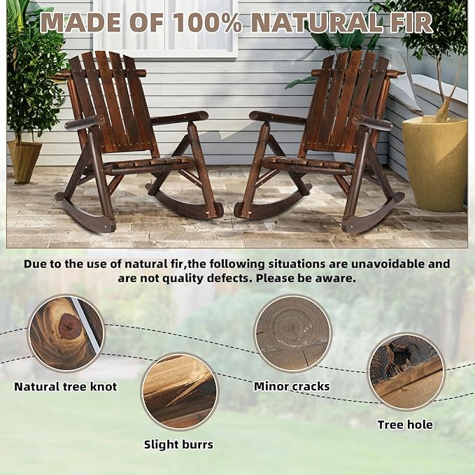 Outdoor Wooden Rocking Chair, Patio Rustic Adirondack Porch Rocker, All Weather Solid Wood Log Rocker Chair with High Back & Slatted Seat for Indoor, Backyard, Garden (Set of 2, Carbonized)