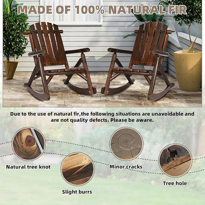 Outdoor Wooden Rocking Chair, Patio Rustic Adirondack Porch Rocker, All Weather Solid Wood Log Rocker Chair with High Back & Slatted Seat for Indoor, Backyard, Garden (Set of 2, Carbonized)