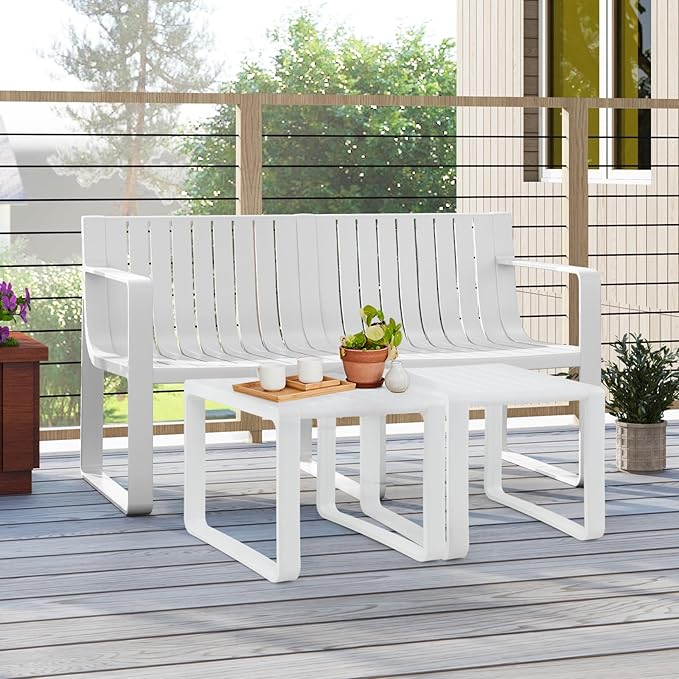 Tangkula Patio Loveseat, Weather-Resistant Plastic 2-Person Bench with Curved Backrest, Outdoor Conversation Furniture with Slatted Design for Patio, Poolside, Backyard, Garden, Deck, Lawn (White)