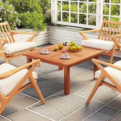 Tangkula Patio Coffee Table with Umbrella Hole, 35.5 Inches Outdoor Solid Square Wood Side Table with Slatted Tabletop & Teak Oil Finish, for Yard, Balcony, Deck