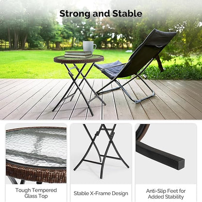 VINGLI 19in Modern Brown Rattan Folding Glass Outdoor Side Table, Small Patio Table with Tempered Glass Top,Round,1 Pack