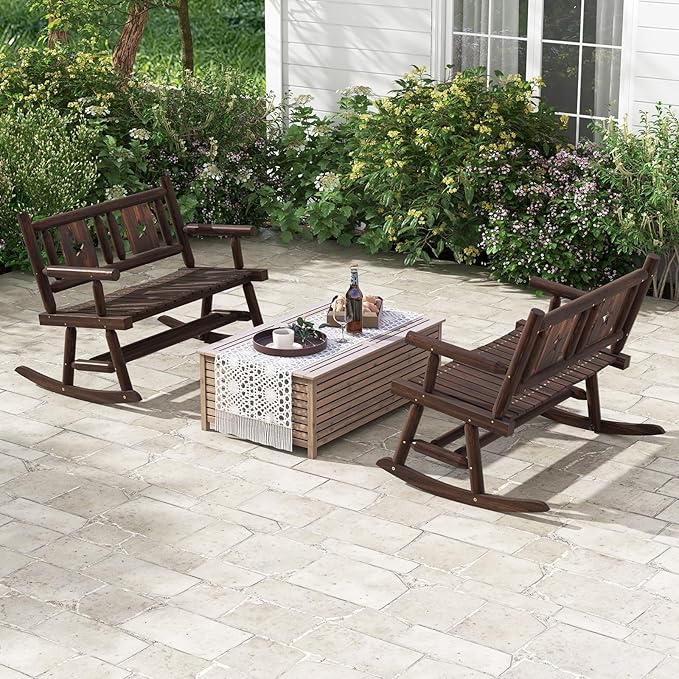 Tangkula Patio Rocking Bench, Carbonized Wood Double Rocker Chair with Ergonomic Seat, 2-Person Solid Wood Rocking Loveseat for Backyard, Porch, Garden, Rustic Farmhouse Style (2, Rustic Brown)