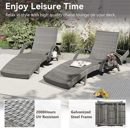 Yayzy 80'' Long Outdoor Wicker Chaise Lounge Chairs Set of 2, Patio Rattan Reclining Chair with Adjustable Backrest & Armrests, Durable PE Rattan Sunbathing Chairs for Pool, Garden, Backyard, Grey