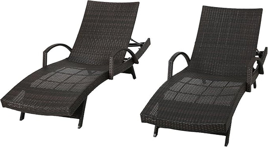 GDFStudio (Set of 2) Olivia Outdoor Brown Wicker Armed Chaise Lounge Chair