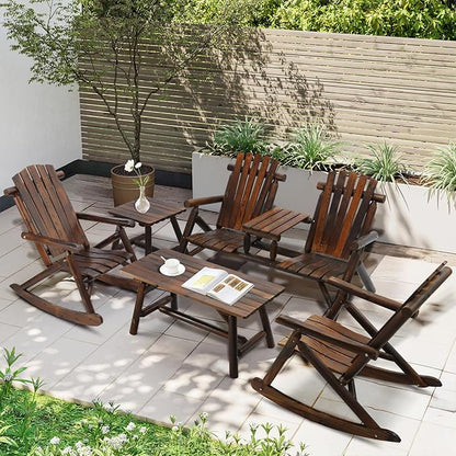 5-Piece Outdoor Wood Log Rocking Conversation Set, Patio Adirondack Furniture Chair Set Including 2-Seater Garden Bench & Built-in Table, 2 Coffee Table, 2 Log Rocker Chair, Carbonized