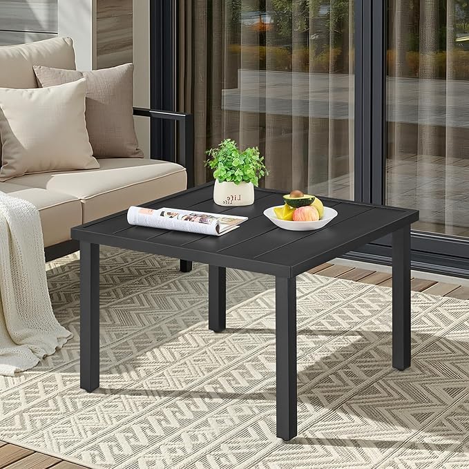 ONBRILL Small Outdoor Coffee Table, 28 Inch Square Patio Coffee Table, Metal Coffee Table for Porch, Backyard, Poolside, Balcony - Black