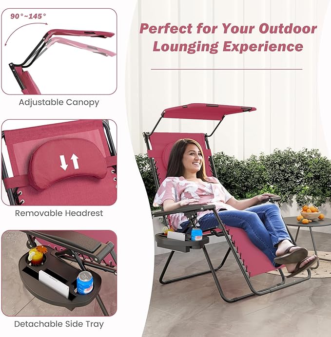 Goplus Zero Gravity Chairs, X-Large Folding Lounge Lawn Chair w/Canopy Shade & Cup Holder - Photo 6