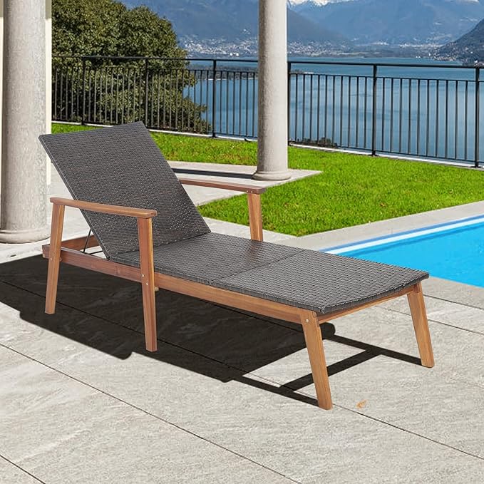 COSTWAY Patio Rattan Chaise Lounge Chair Recliner Back Adjustable Acacia Wood Garden - Photo 3