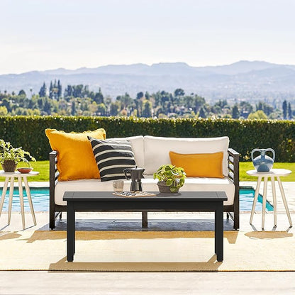 LUE BONA Outdoor Coffee Table, HDPS Black Patio Coffee Tables for Outside Rectangle, Adjustable Levelling Feet/Weather Resistant, Patio Table for Deck, Pool, Balcony, Indoor or Outdoor Use