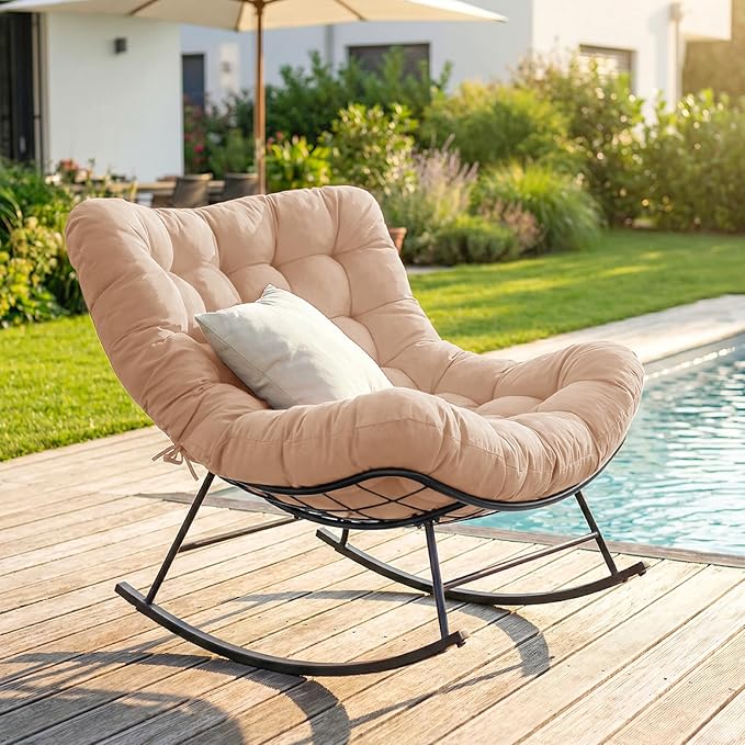 Cushioned Papasan Rocking Chair for Outdoor Indoor, Oversized Outdoor Rocking Chair with Cushion, Egg Rocker for Patio, Porch, Balcony, Lawn, Bedroom, Living Room, Beige