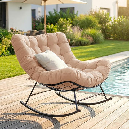 Cushioned Papasan Rocking Chair for Outdoor Indoor, Oversized Outdoor Rocking Chair with Cushion, Egg Rocker for Patio, Porch, Balcony, Lawn, Bedroom, Living Room, Beige