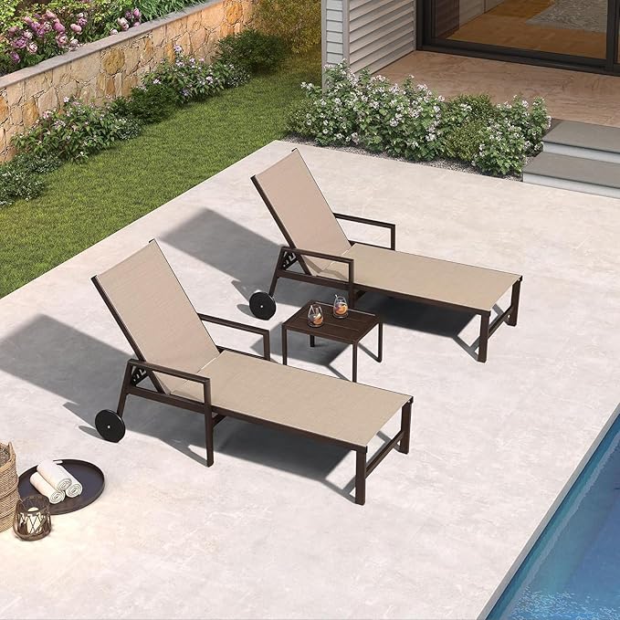PURPLE LEAF Outdoor Chaise Lounge Chair Set of 2 with Armrests, Aluminum Patio Loungers with Wheels and Adjustable Backrest, Includes Side Table for Deck, Outside, Lawn, Garden, Cream