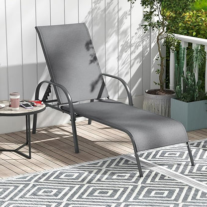 Giantex Patio Lounge Chair, Outdoor Chaise Lounge with 5 Adjustable Backrest, Sturdy Steel Frame, Sunbathing Recliner, Tanning Chair for Beach, Outside, Yard, Balcony, Pool Chairs (1,Dark Gray)