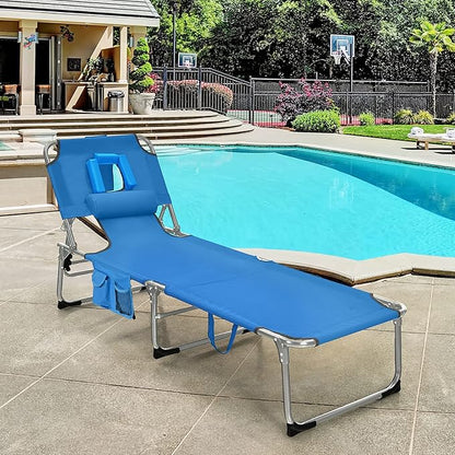 GYMAX Tanning Chair, Folding Beach Lounger with Face Arm Hole, Adjustable Backrest, Side Pocket, Pillow & Carry Handle, Outside Sunbathing Lounge Chair for Patio, Poolside, Lawn (1, Navy)