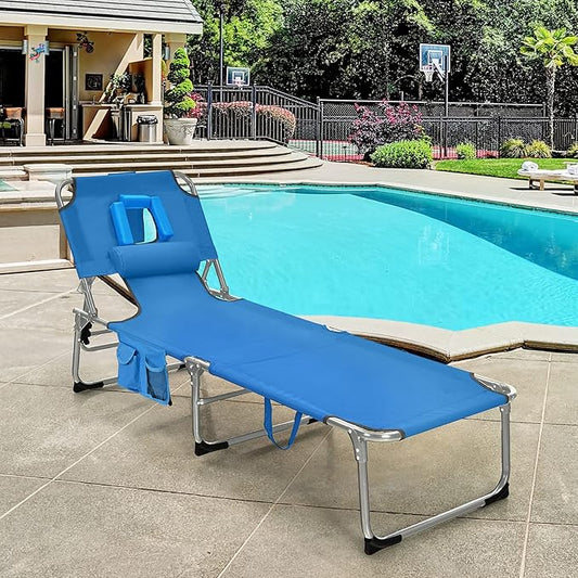 GYMAX Tanning Chair, Folding Beach Lounger with Face Arm Hole, Adjustable Backrest, Side Pocket, Pillow & Carry Handle, Outside Sunbathing Lounge Chair for Patio, Poolside, Lawn (1, Navy)