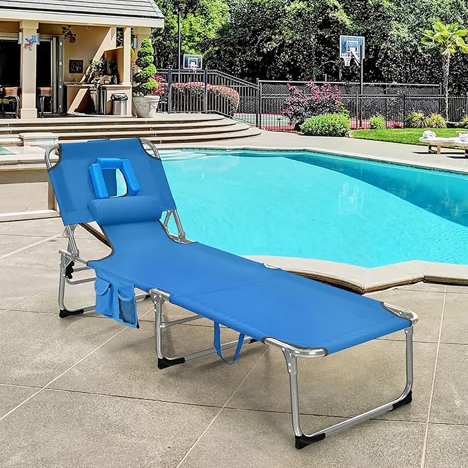 GYMAX Tanning Chair, Folding Beach Lounger with Face Arm Hole, Adjustable Backrest, Side Pocket, Pillow & Carry Handle, Outside Sunbathing Lounge Chair for Patio, Poolside, Lawn (2, Navy)