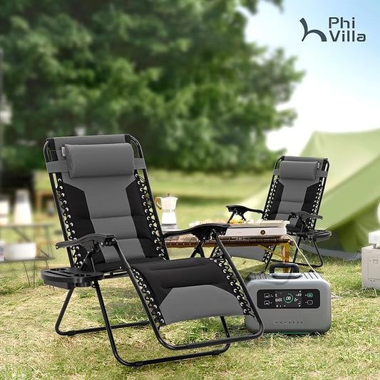 PHI VILLA Zero Gravity Chair Set of 2, Padded Anti Gravity Recliner, Oversized 28" Wide Seat, Foldable Patio Lounger with Armrest & Cup Holder, Supports 400 LBS (Grey)