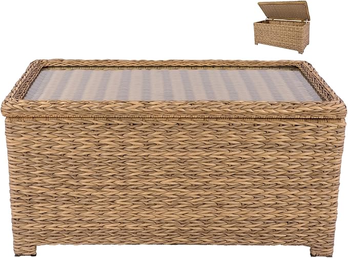 Laguna Point 40'' Outdoor Wicker Coffee Table w/Flip-Top Storage, HDPE Rattan Patio Center Table with Tempered Glass Top - Photo 1