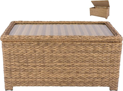 Laguna Point 40'' Outdoor Wicker Coffee Table w/Flip-Top Storage, HDPE Rattan Patio Center Table with Tempered Glass Top, Tan