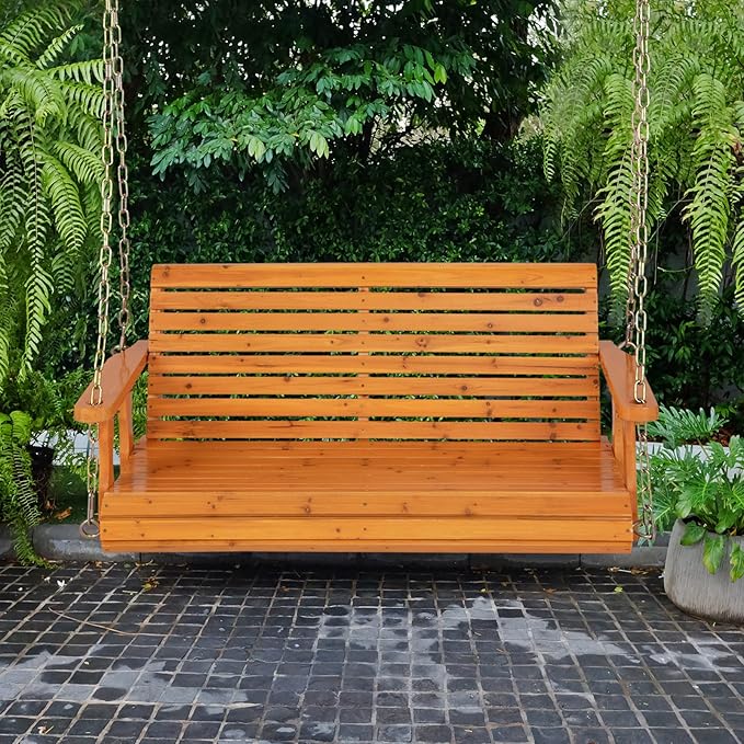 Giantex Wooden Porch Swing 2 Seat - Outdoor Swinging Chairs with Hanging Chains, 600 lbs Weight Capacity, 4 FT Finished Fir Wood Bench Swing for Patio, Outside, Garden, Lawn, Backyard (Orange)