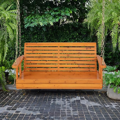 Giantex Wooden Porch Swing 2 Seat - Outdoor Swinging Chairs with Hanging Chains, 600 lbs Weight Capacity, 4 FT Finished Fir Wood Bench Swing for Patio, Outside, Garden, Lawn, Backyard (Orange)