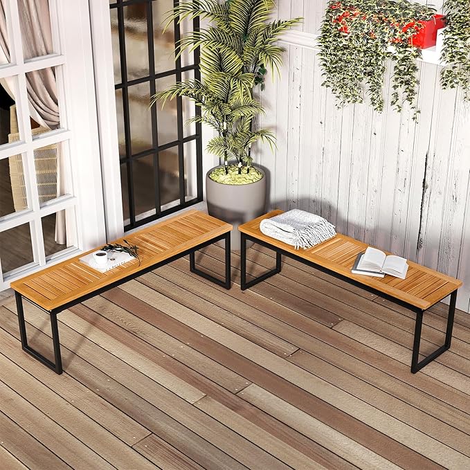 Tangkula Patio Dining Bench, 2-3-person Backless Bench with Slatted Seat & Metal Legs, Indoor Outdoor Bench for Entryway, Front Porch, Garden, Poolside, Farmhouse Kitchen Dining Seat