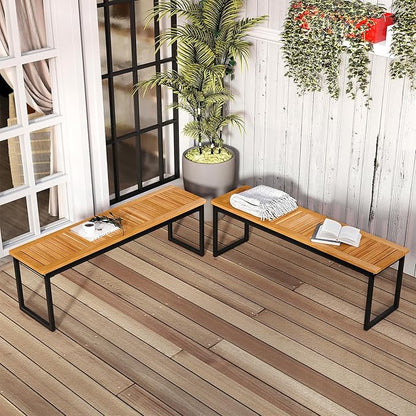 Tangkula Patio Dining Bench, 2-3-person Backless Bench with Slatted Seat & Metal Legs, Indoor Outdoor Bench for Entryway, Front Porch, Garden, Poolside, Farmhouse Kitchen Dining Seat