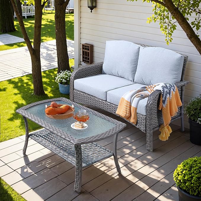 HOOOWOOO Patio Furniture Set, Outdoor High Back Loveseat Set, All Weather Wicker 2-Seater-Sofa Love Seat with Table - Photo 1