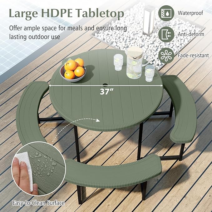 Giantex Picnic Table Bench Set for 4-8 Person, Round 37” Outdoor Dining Table w/Umbrella Hole, HDPE Tabletop - Photo 4
