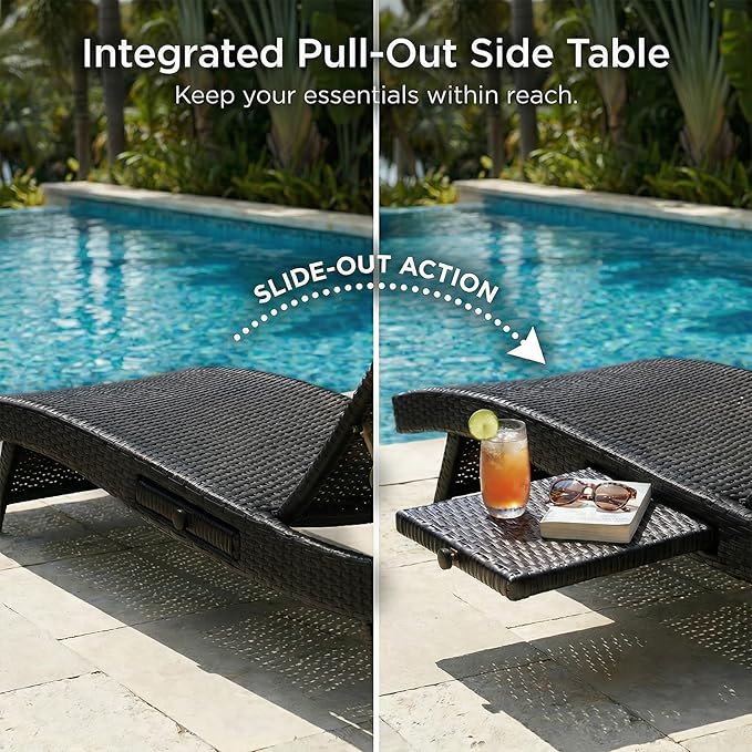 Wicker Outdoor Lounge Chairs with Rolling Wheels, Pool Lounge Chairs Set of 6, Rattan Outdoor Lounger with Pull Out Side Table, Adjustable Backrest Patio Chaise Lounges, Black