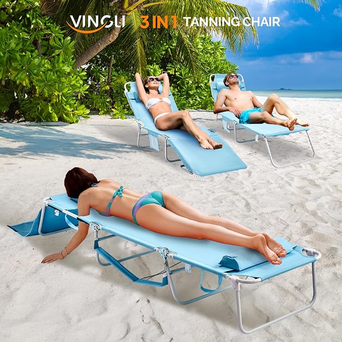 VINGLI Tanning Chair, Beach Lounge Chair with Face Hole, Lounge Chair Outdoor, Height-Adjustable Tanning Lounger, Anti-Tip Design, Carrying Bag, 475lbs, Blue