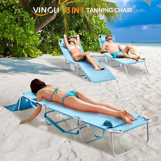 VINGLI Tanning Chair, Beach Lounge Chair with Face Hole, Lounge Chair Outdoor, Height-Adjustable Tanning Lounger, Anti-Tip Design, Carrying Bag, 475lbs, Blue